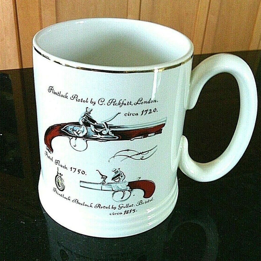 Lord Nelson Pottery UK Beer Stein Mug Guns Gold Rim Large Drink Flintlock Pistol